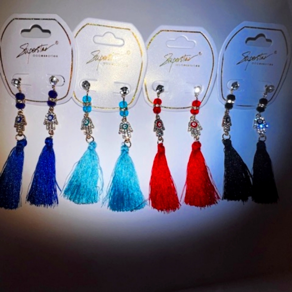 Elegant Tassel Evil Eye Earrings Set - Blue, Red, Black All 4